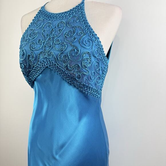 Vintage Morgan And Co Blue Satin Maxi Formal Dress 9/10 Open Back Prom Y2K 90s - Picture 8 of 16